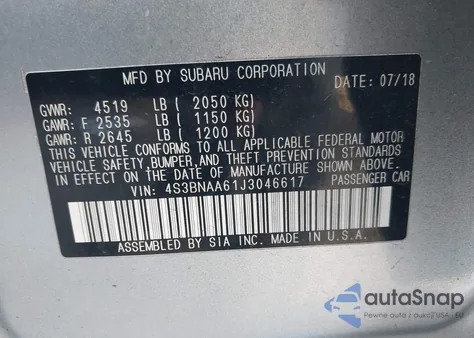 2018 Subaru Legacy 2.5I from USA, damaged, VIN 4S3BNAA61J3046617